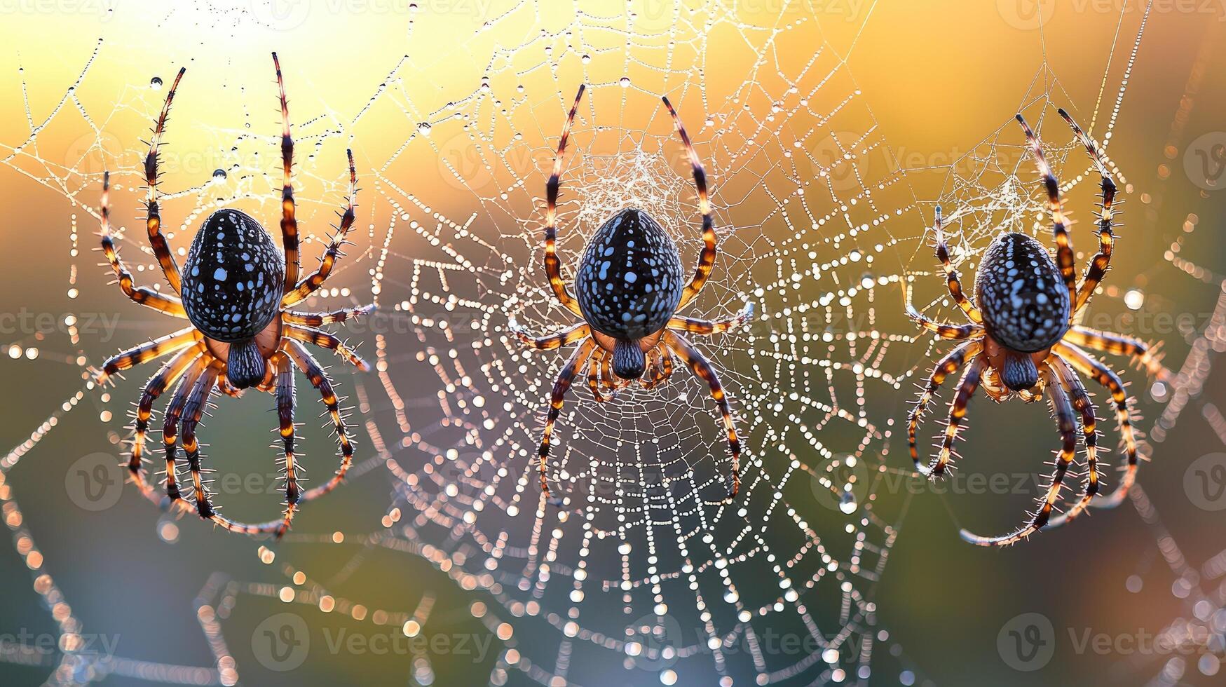 Three spiders on a dewy web at sunrise photo