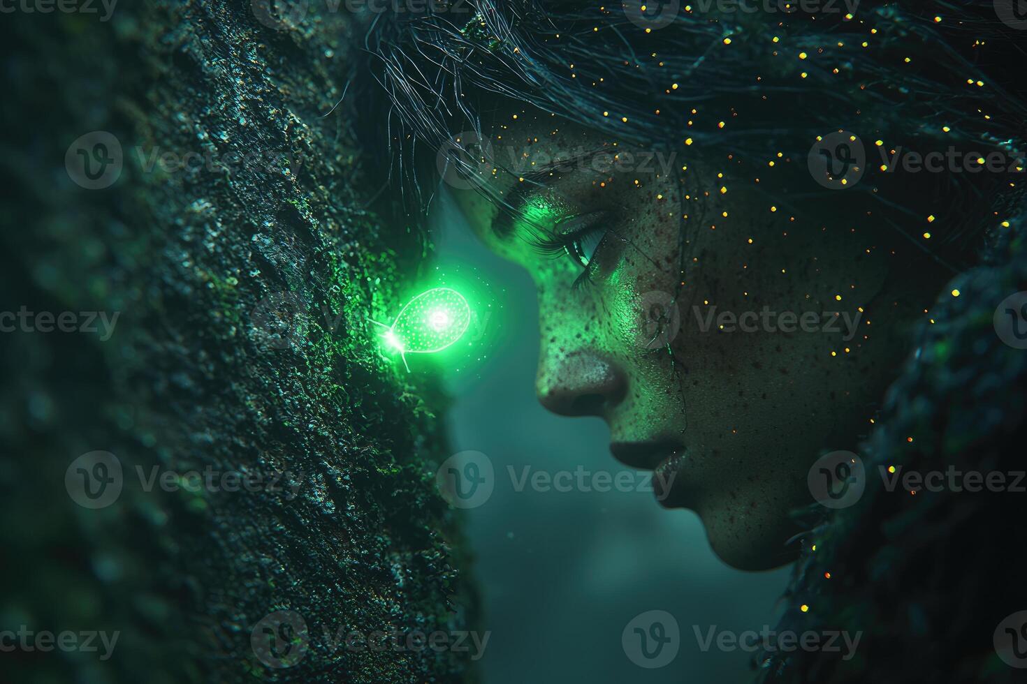 A girl observes a glowing insect on a tree photo
