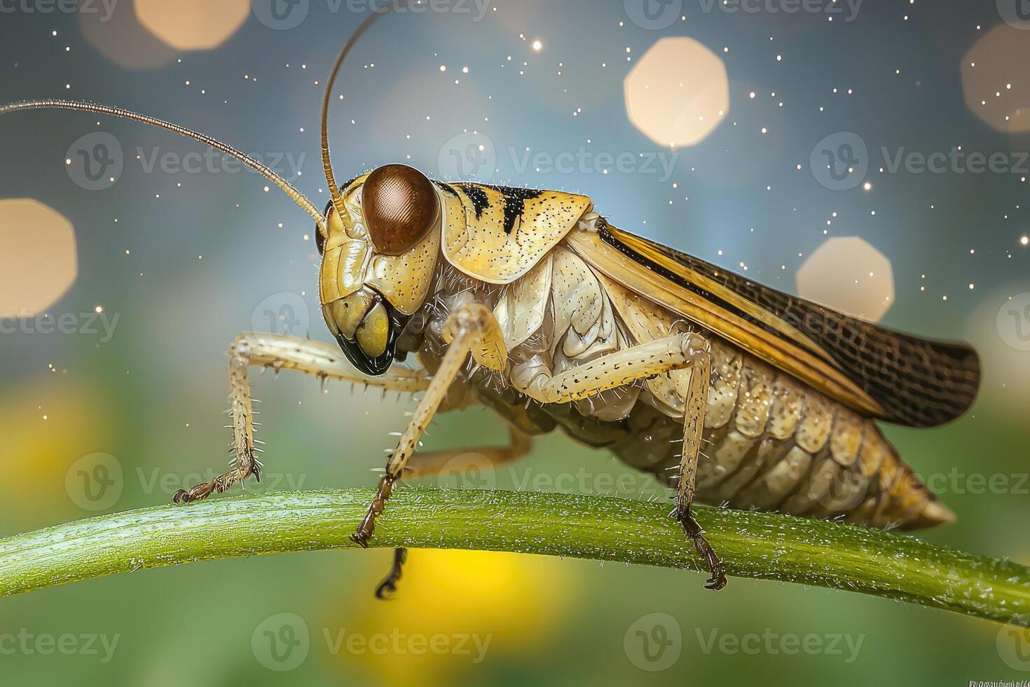 A Detailed Close Up Of A Grasshopper On A Stem photo