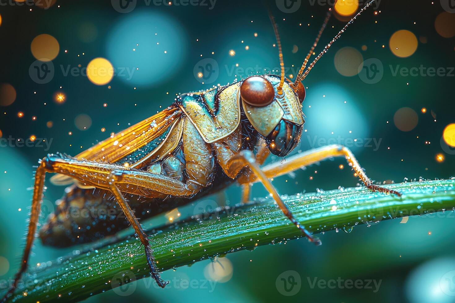 A Dew Covered Grasshopper In A Magical Setting photo