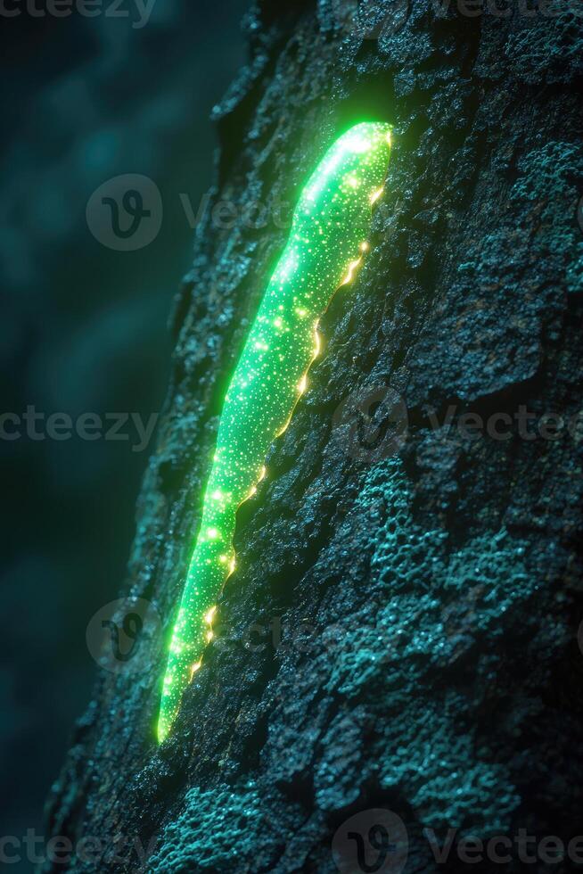 Glowing Green Substance Flows Within Dark Bark photo
