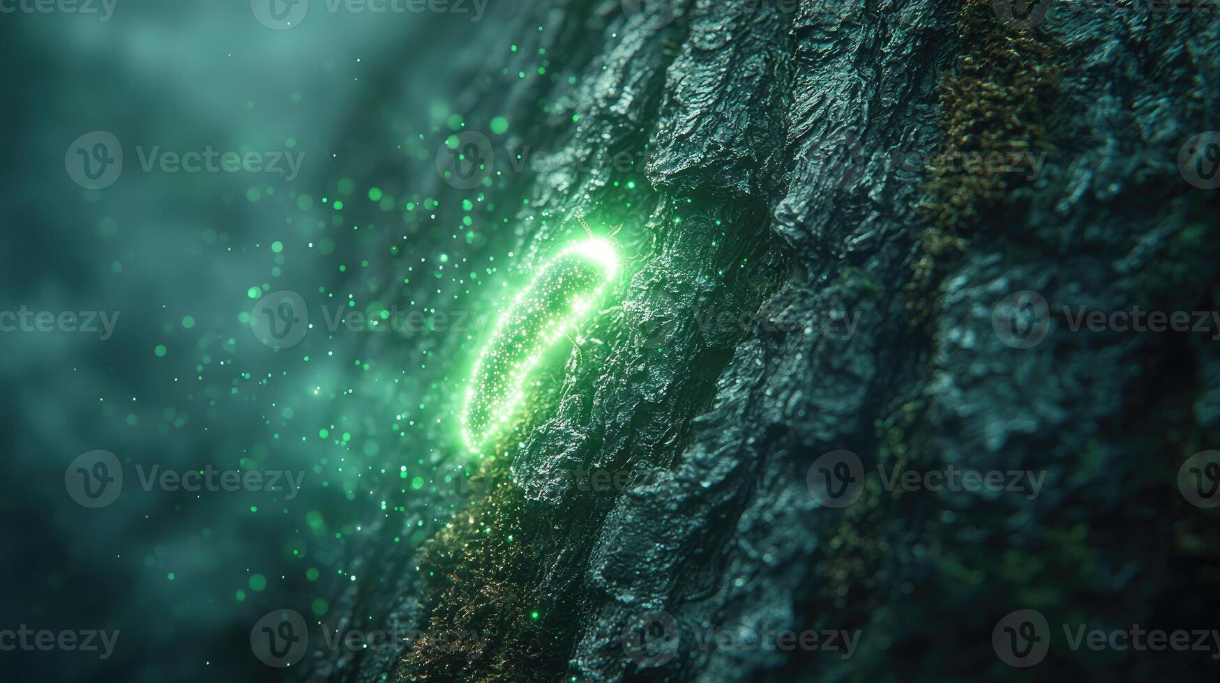 Glowing Green Energy Emerging From Tree Bark photo