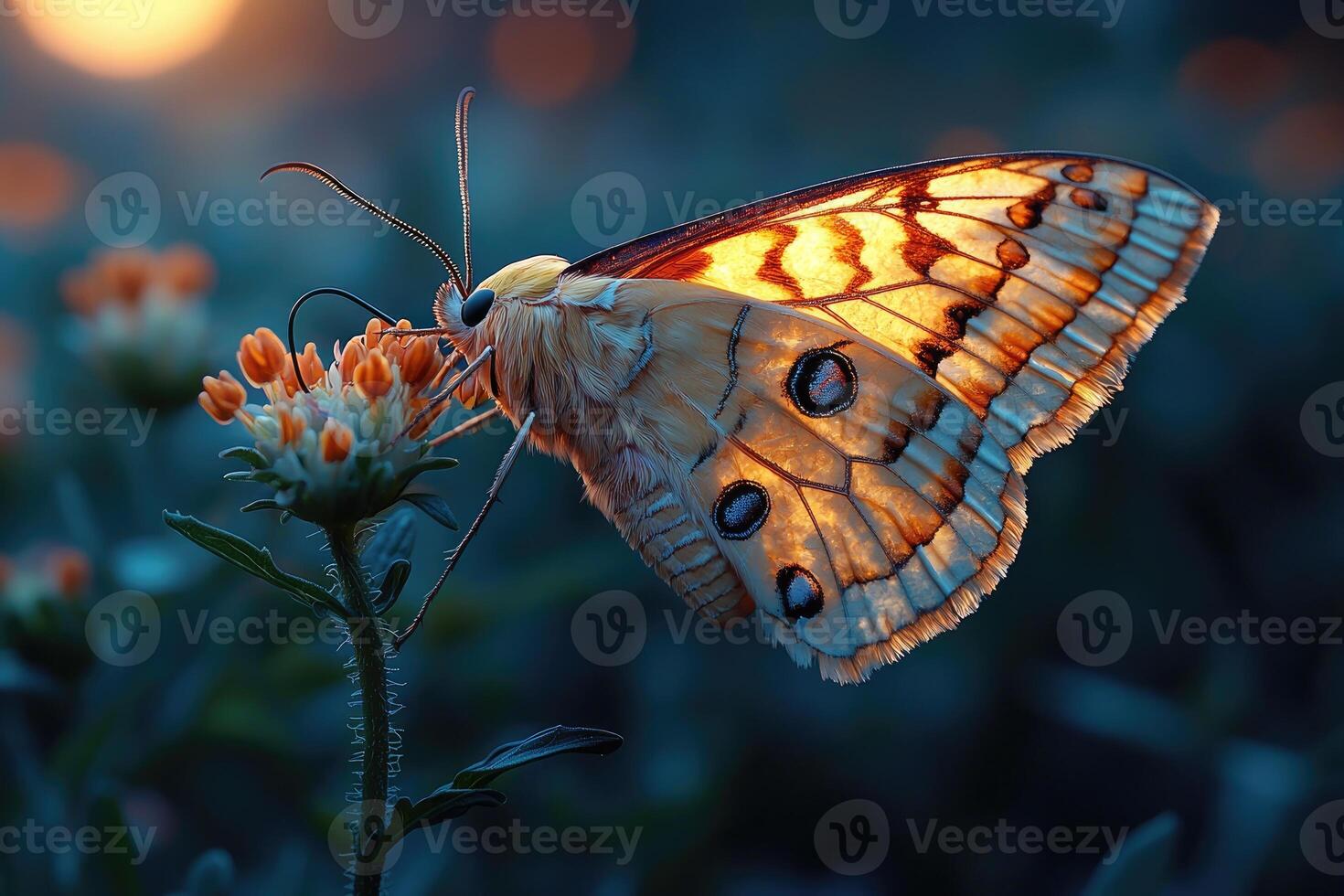 Golden Moth on Flower at Sunset photo