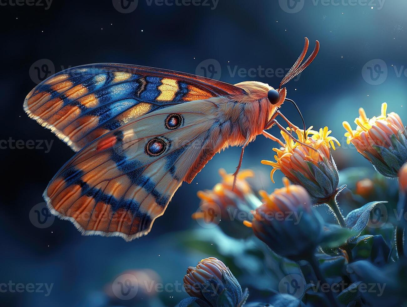 A Vibrant Butterfly Feeds on Orange Flowers at Dusk photo