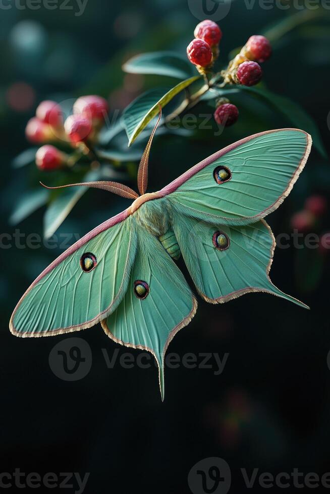 Luna Moth Resting on a Branch with Berries photo