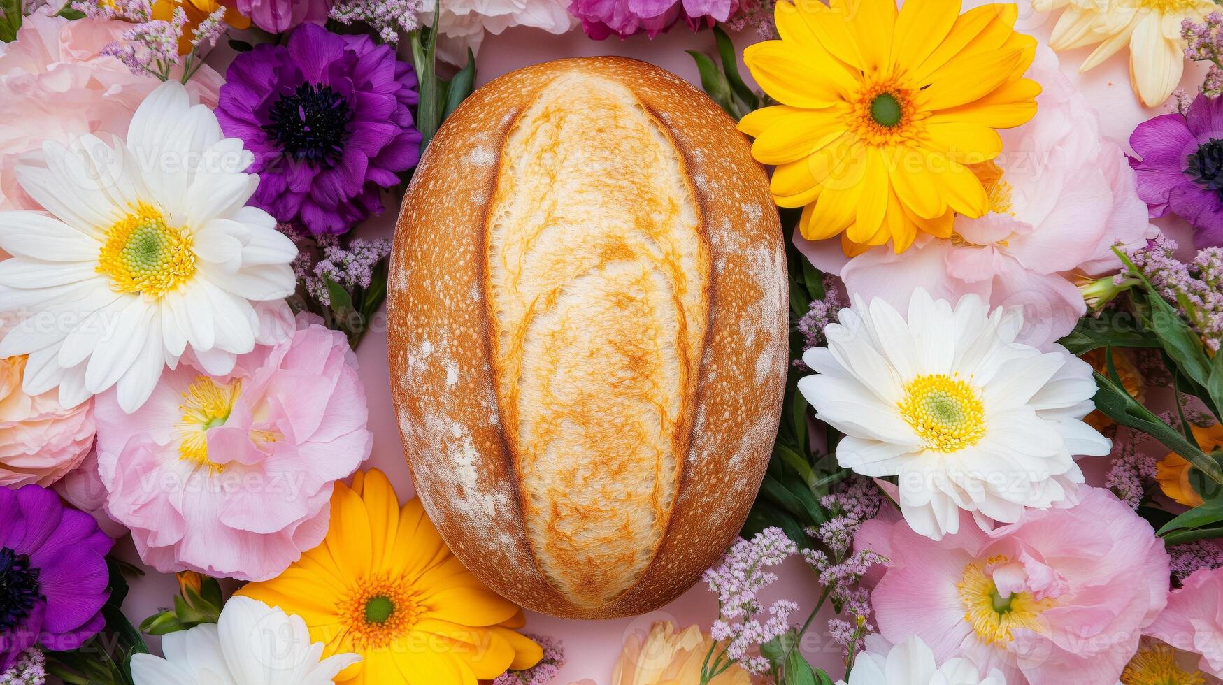 A loaf of bread surrounded by flowers photo
