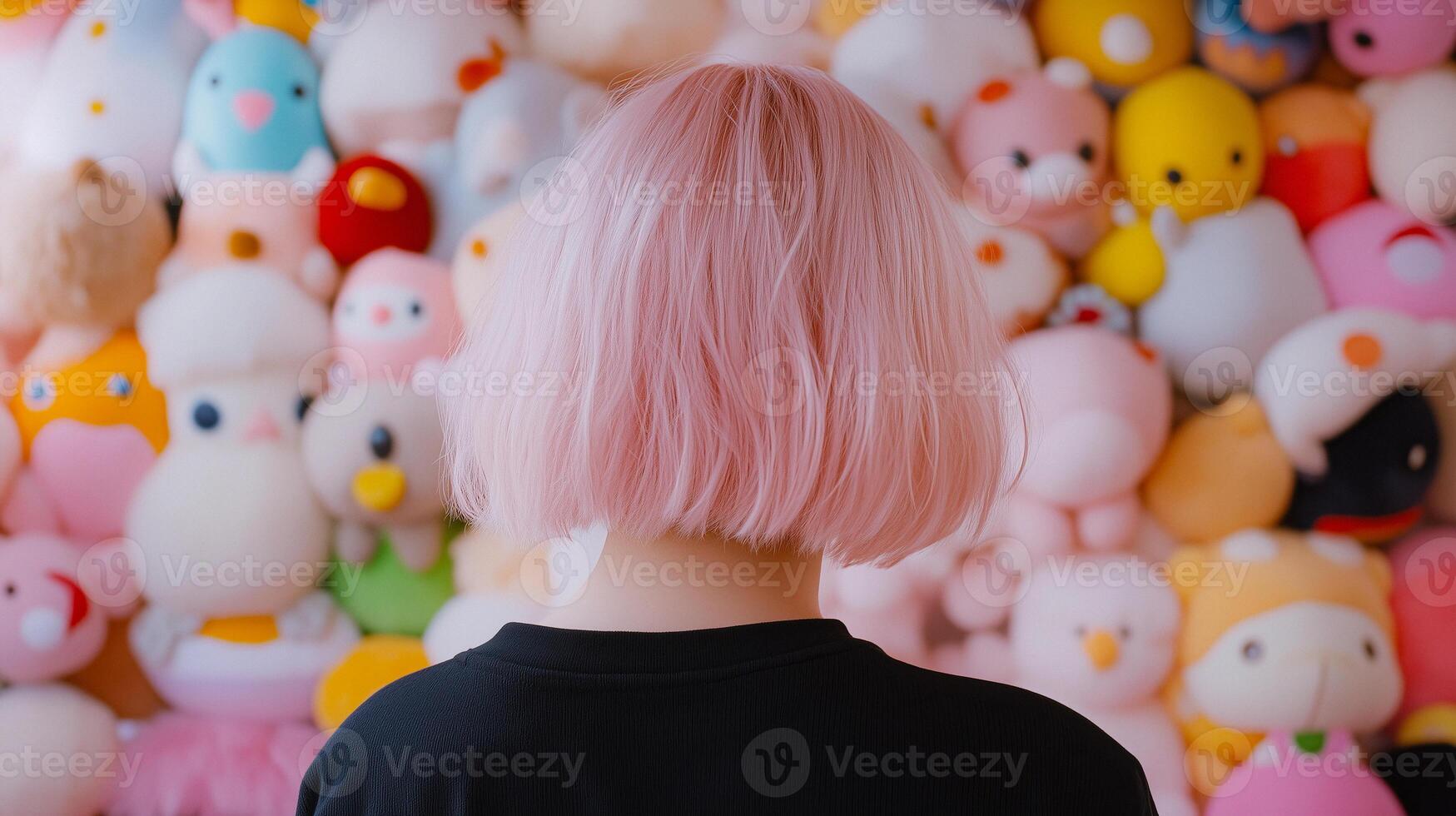 a girl with pink hair standing in front of a wall of stuffed animals photo