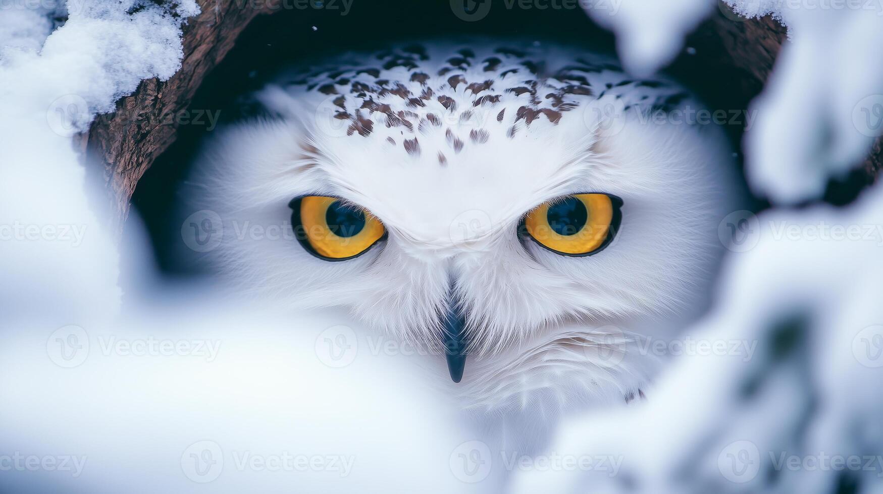 A snowy owl peeks out from a hole in the snow photo