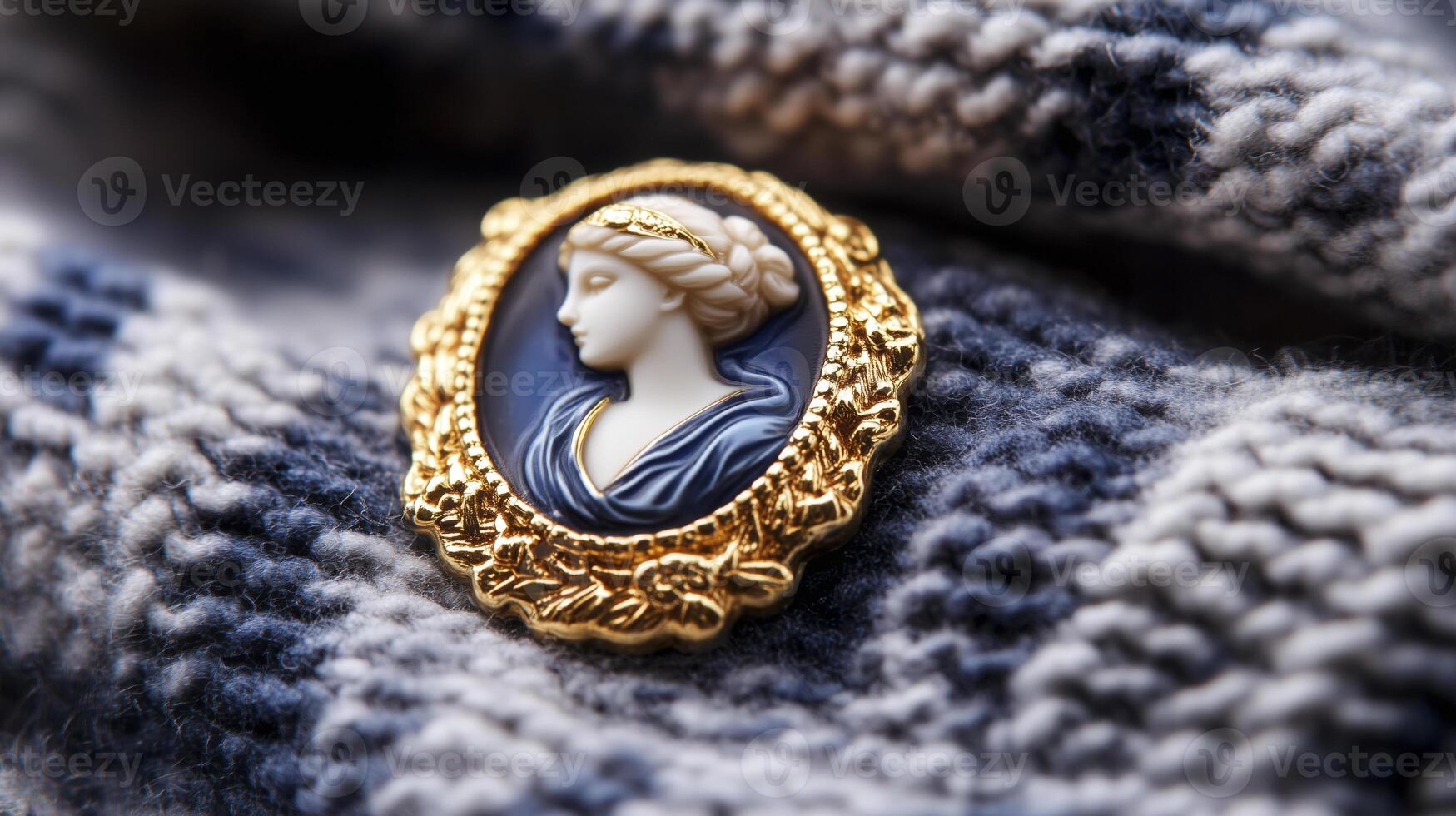 Gold And Blue Woman Cameo Brooch On Knitted Sweater photo