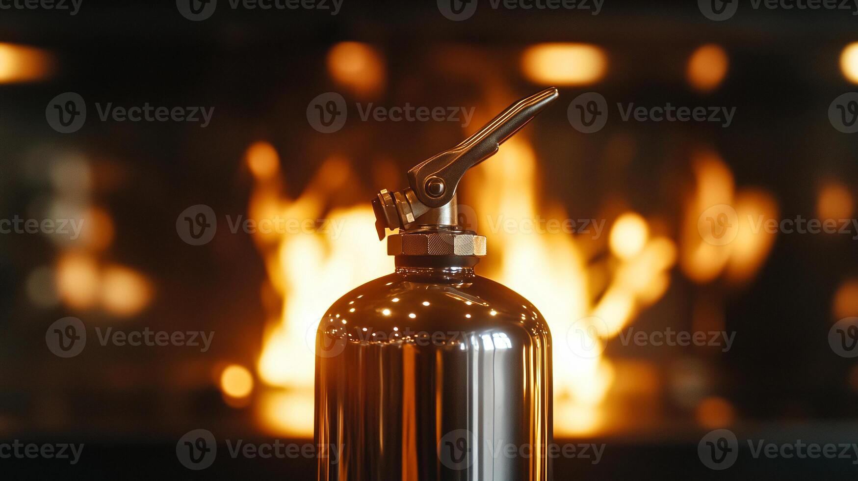 A fire extinguisher sitting in front of a fireplace photo