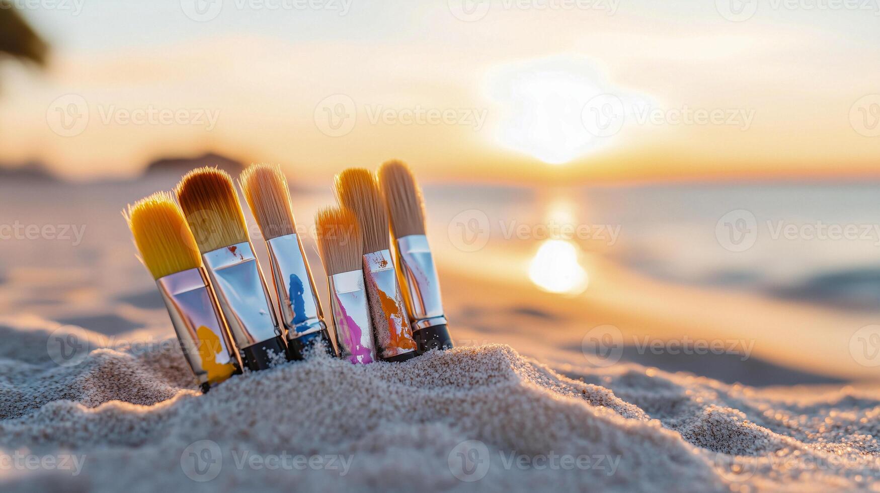 Five paint brushes on the beach at sunset photo