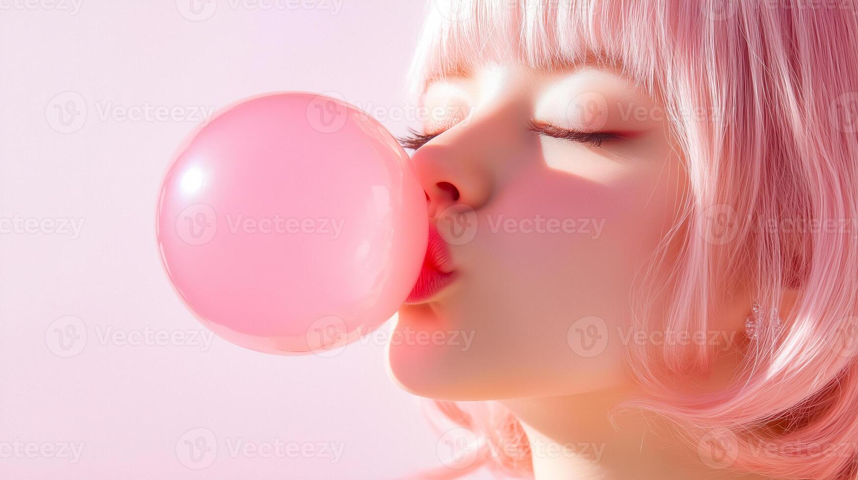 A woman blowing a pink bubble gum photo