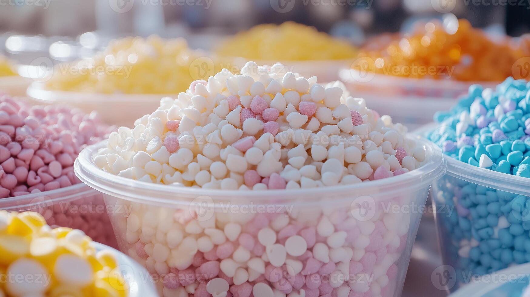 Many different colored marshmallows are in plastic cups photo