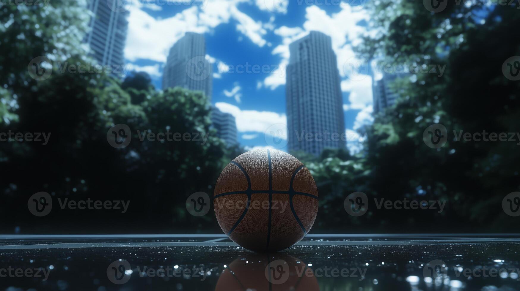 Basketball ball on the ground in front of tall buildings photo
