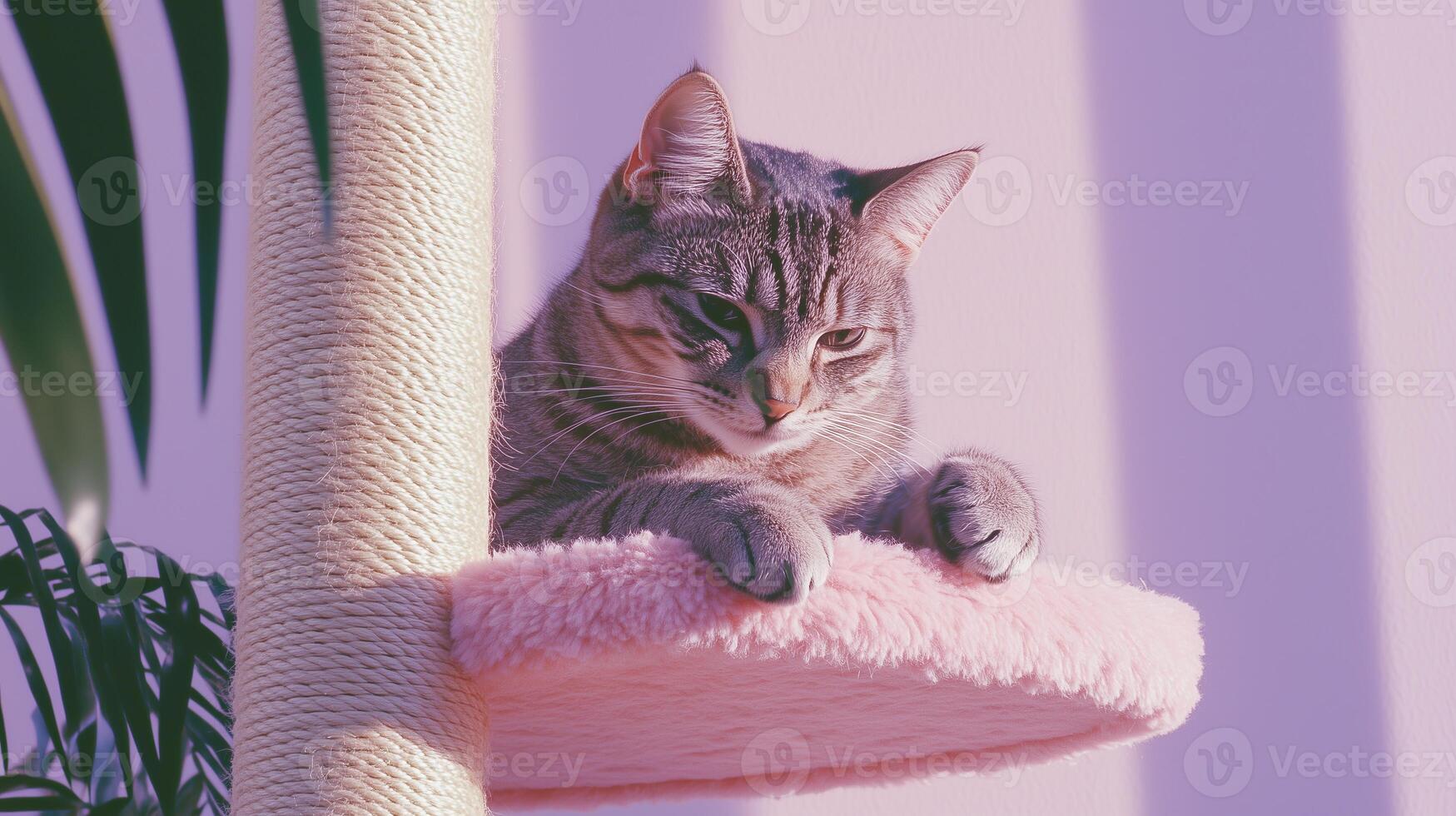 A cat laying on a pink scratching post photo