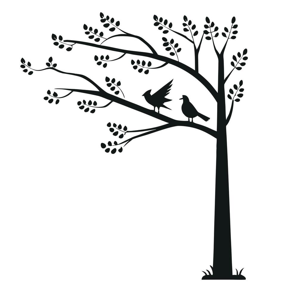Simple Silhouetted Tree Branch with Two Birds Illustration Design vector