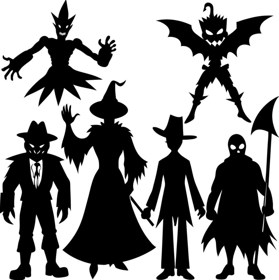 Halloween Characters Silhouettes with Bats vector