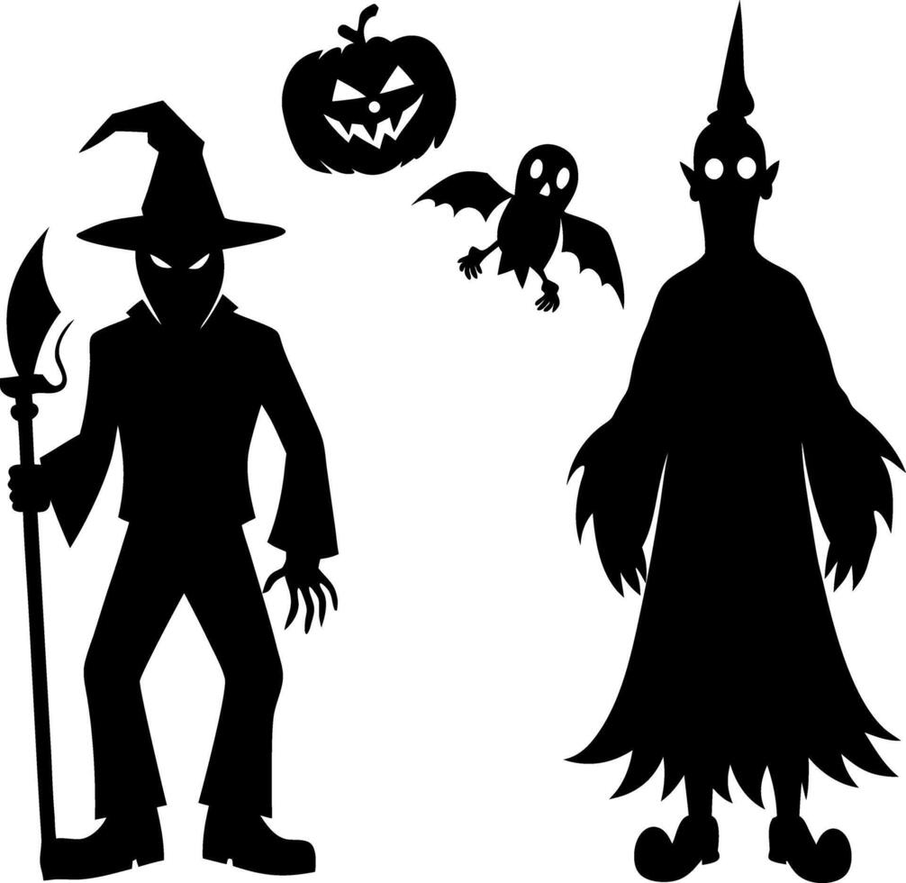 Halloween Monster Silhouettes with Bats and Pumpkin vector