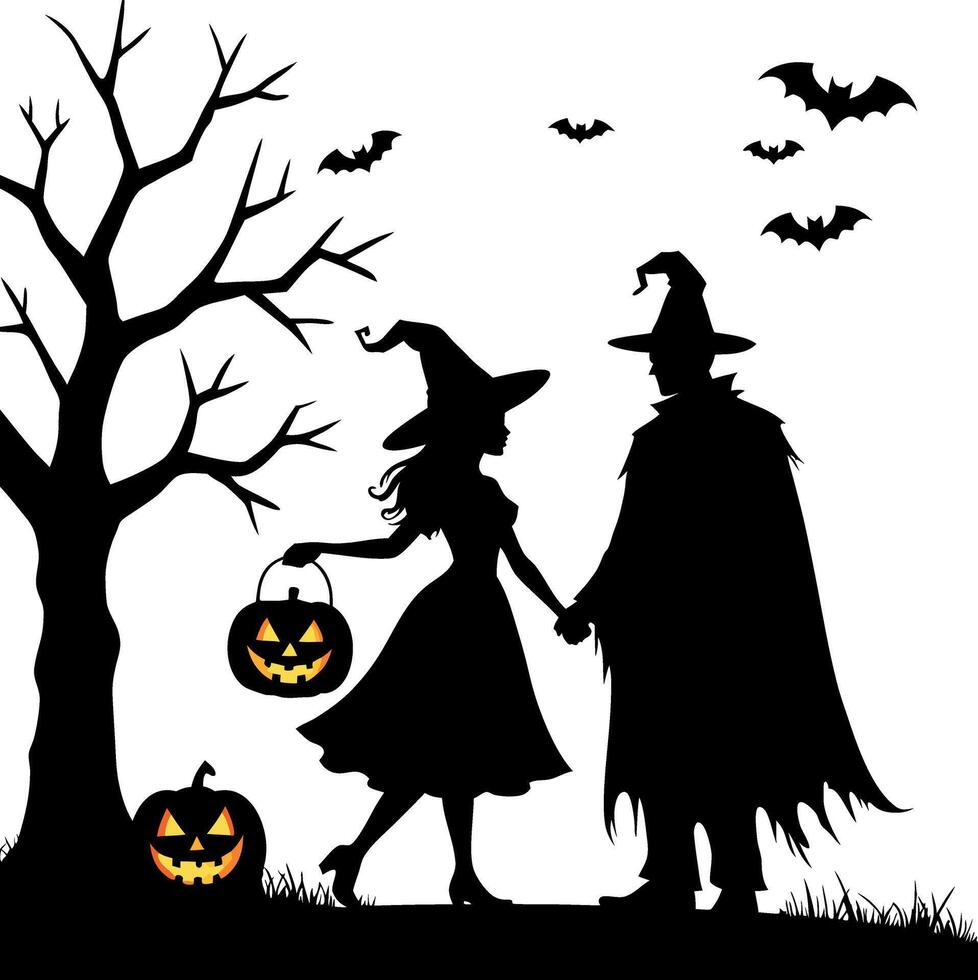 Halloween Couple Silhouette with Tree and Pumpkins vector
