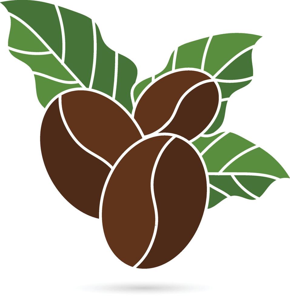 Flat design of brown organic coffee beans with leaf vector