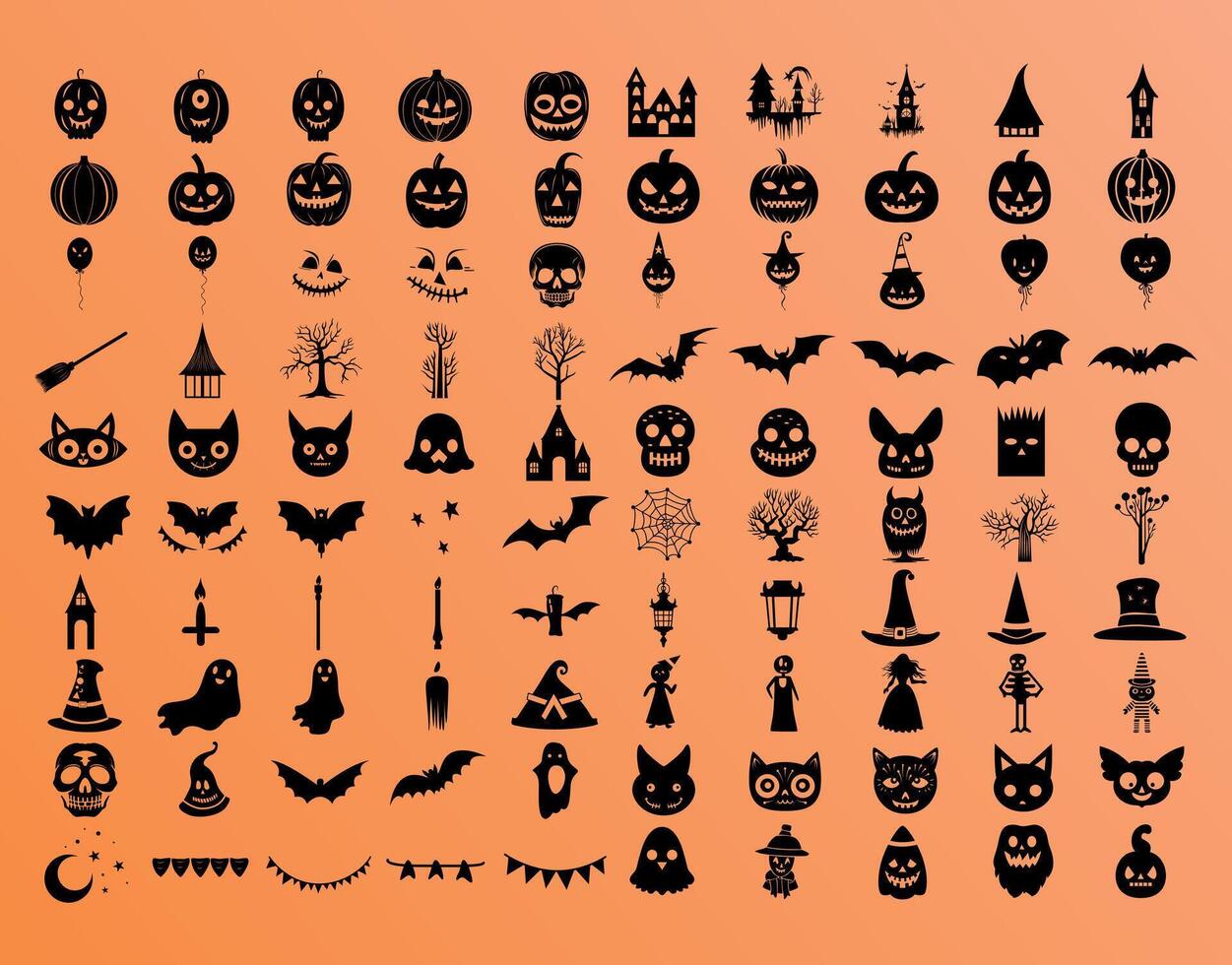 Large spooky collection of Halloween silhouettes including witches, bats, pumpkins, haunted houses, and more. Great for party decor, invitations, crafts, and seasonal designs. vector