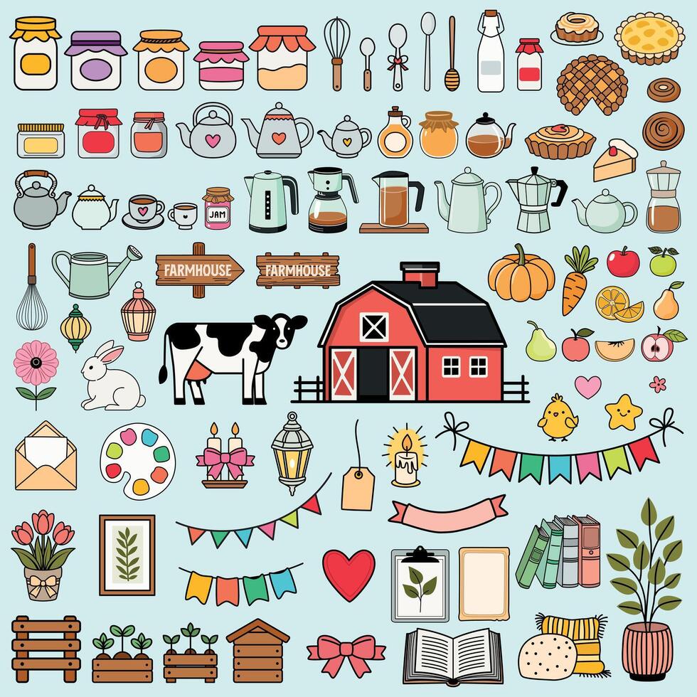Charming Cottagecore sticker set featuring farmhouse elements like kitchenware, baked goods, animals, garden tools, and cozy home decor. Ideal for planners, greeting cards, rustic designs vector
