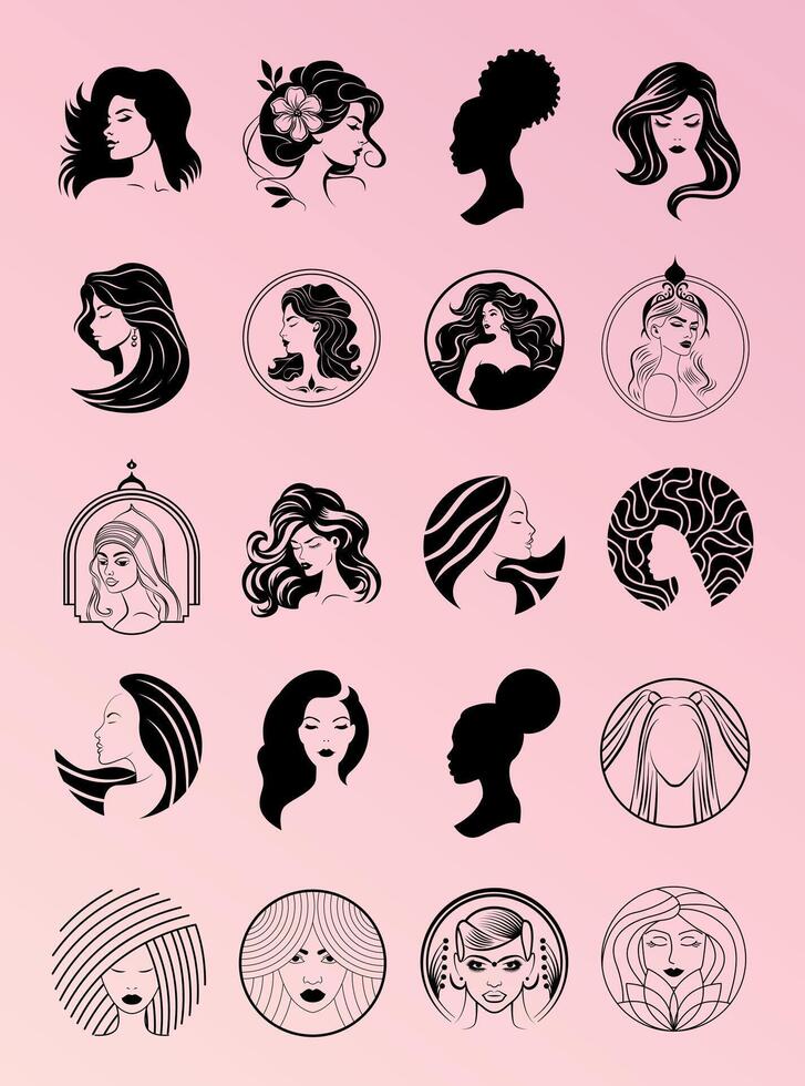 A refined set of elegant female profile silhouettes featuring graceful hairstyles and feminine forms. Ideal for beauty, fashion, branding, packaging, and minimalist design projects. vector