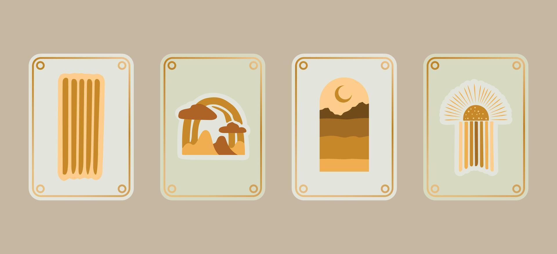 Stylized retro set of abstract nature stickers featuring mushrooms, landscapes, the moon, and sunburst designs in earthy tones. Great for boho prints, stickers, or branding. vector