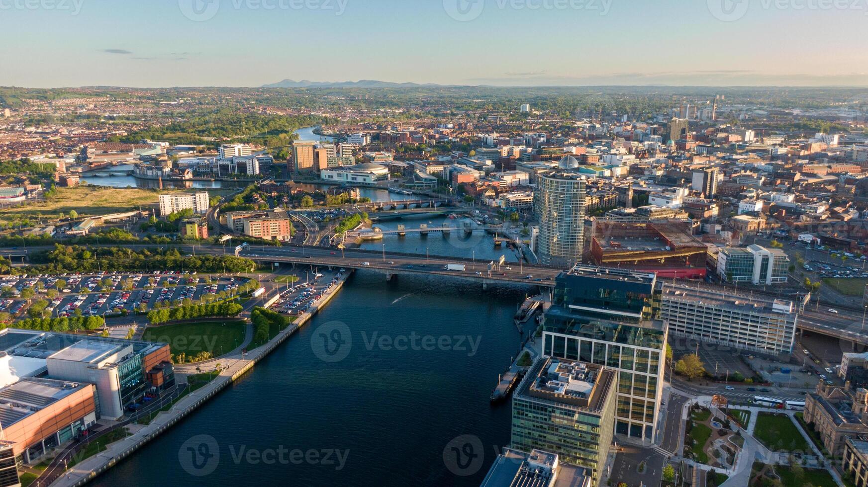 Aerial view on Lagan River and buildings in City centre of Belfast Northern IrelandDrone photo, high angle view photo