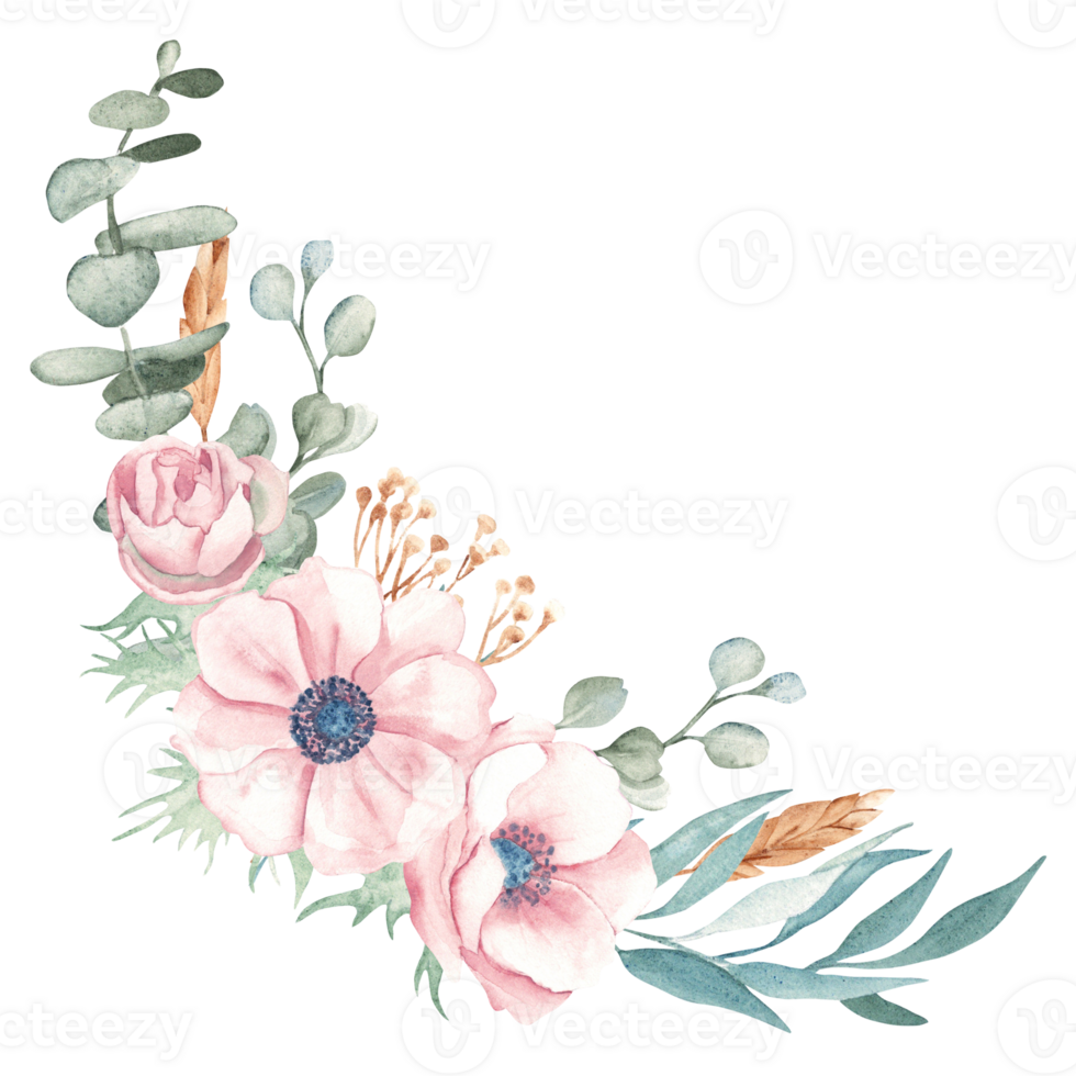 Floral composition with Anemone, Eucalyptus Branches, Dry yellow Tansy and Spikelets of Wheat or Rye. Watercolor Hand drawn floral composition. For greeting birthday png