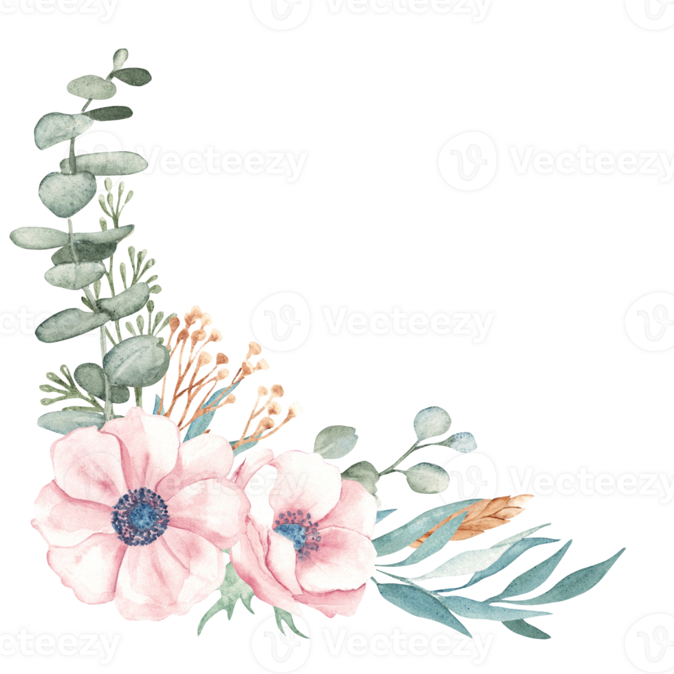 Anemone Corner Bouquet with Eucalyptus Branches, Dry yellow Tansy and Spikelets of Wheat or Rye. Watercolor Hand drawn floral composition. For greeting birthday cards, wedding png