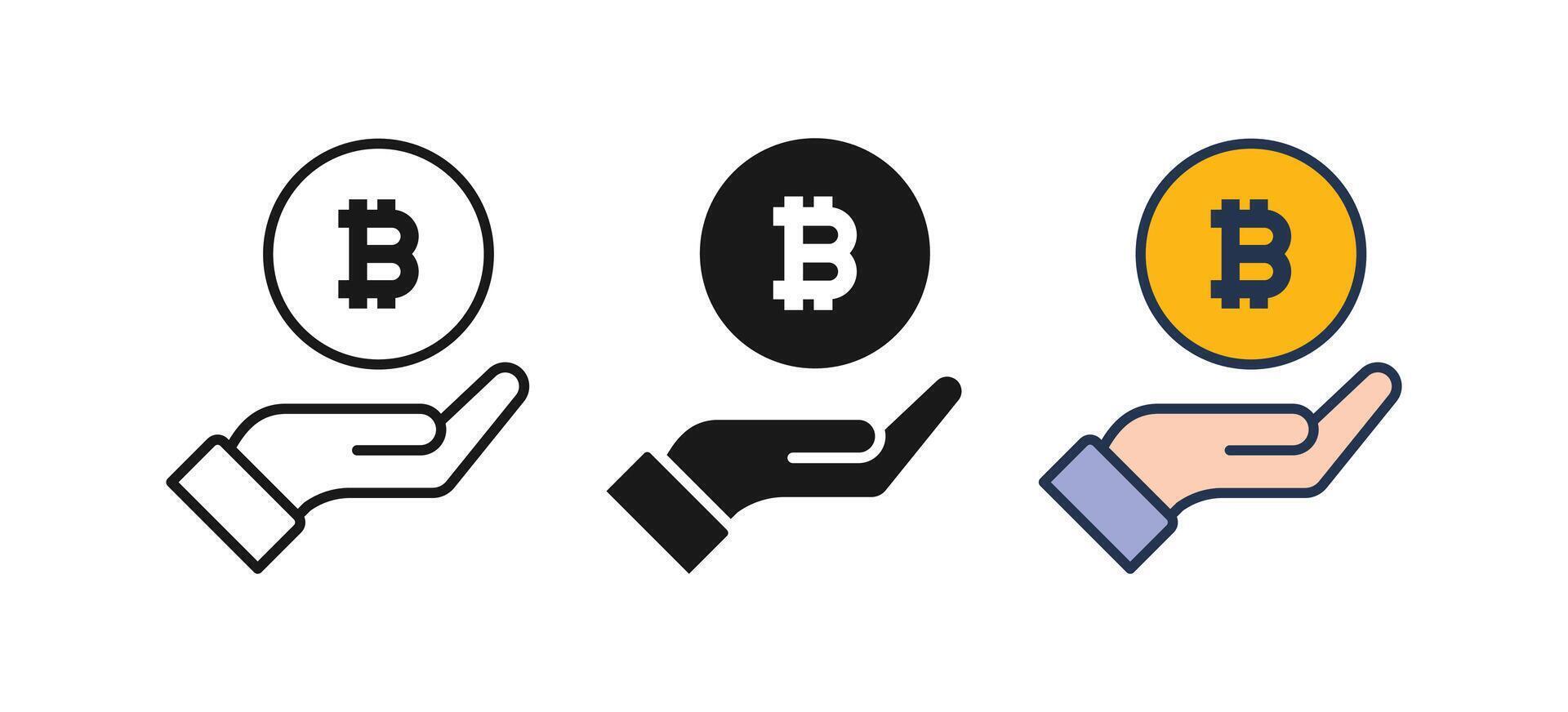 Icon set showing hand holding bitcoin crypto vector