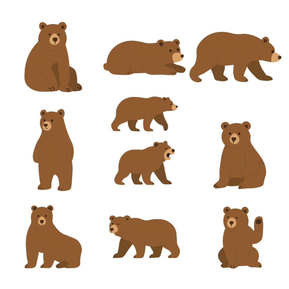 Cute Brown Bear Set Various Poses and Expressions in Flat Style vector