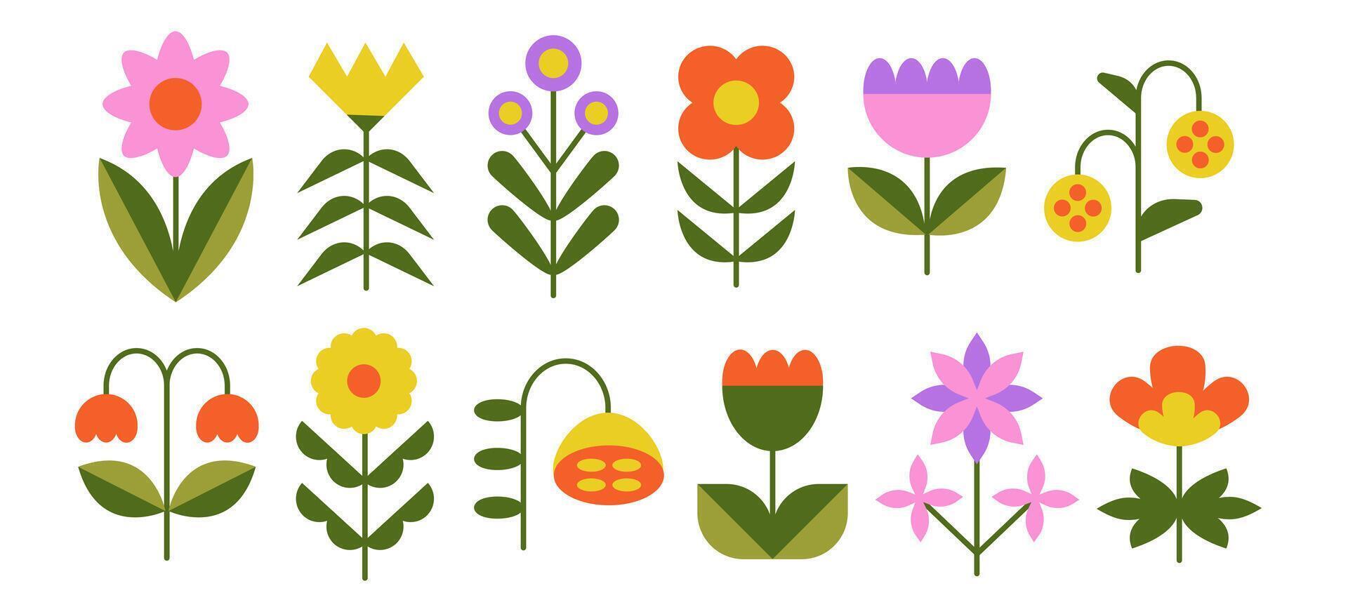 Graphic geometric blooming flowers and leaves. Flat folk geometric style. Modern botanical floral flat elements vector