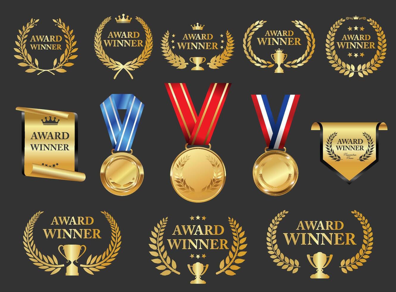 Award Winner medal collection of gold laurel wreath isolated on black background vector