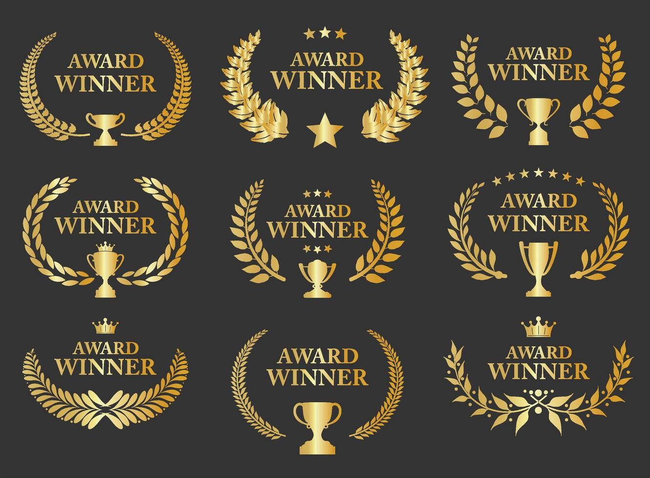 Award Winner emblem collection of gold laurel wreath isolated vector