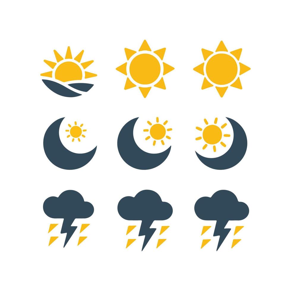 Weather Icons Sun, Moon, Cloud and Lightning vector
