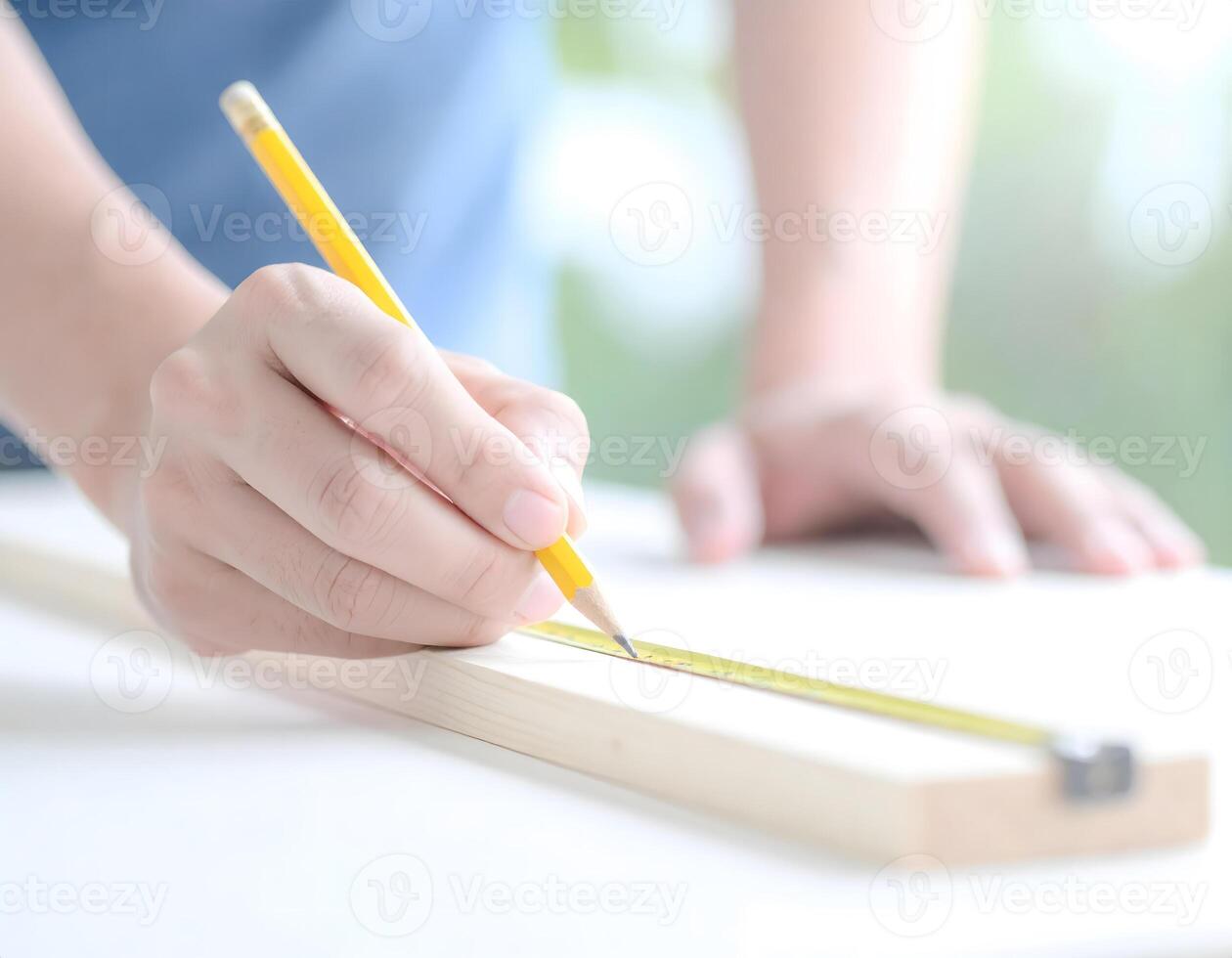 Carpenters Hands Using Measuring Tape and Pencil on Wooden Plank photo