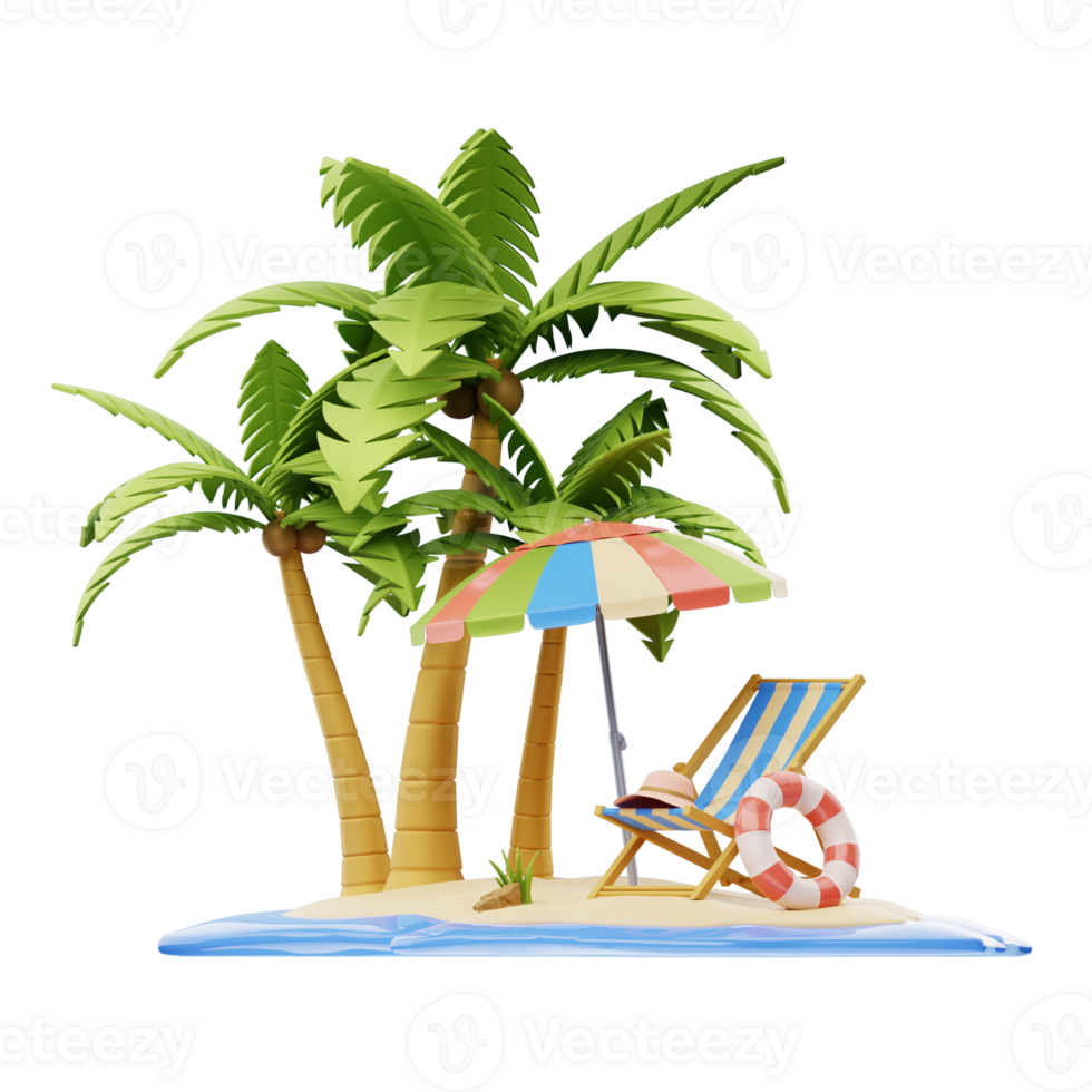 A cartoon beach scene with palm trees and a beach chair png