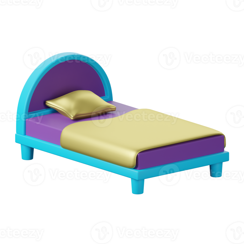 A bed with a yellow pillow and purple sheets png