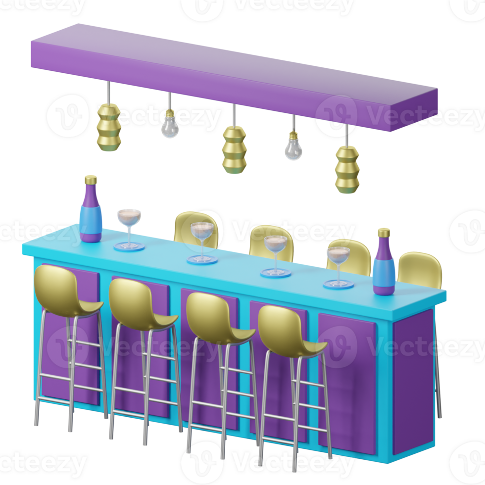 A bar with purple and blue chairs and a purple table png