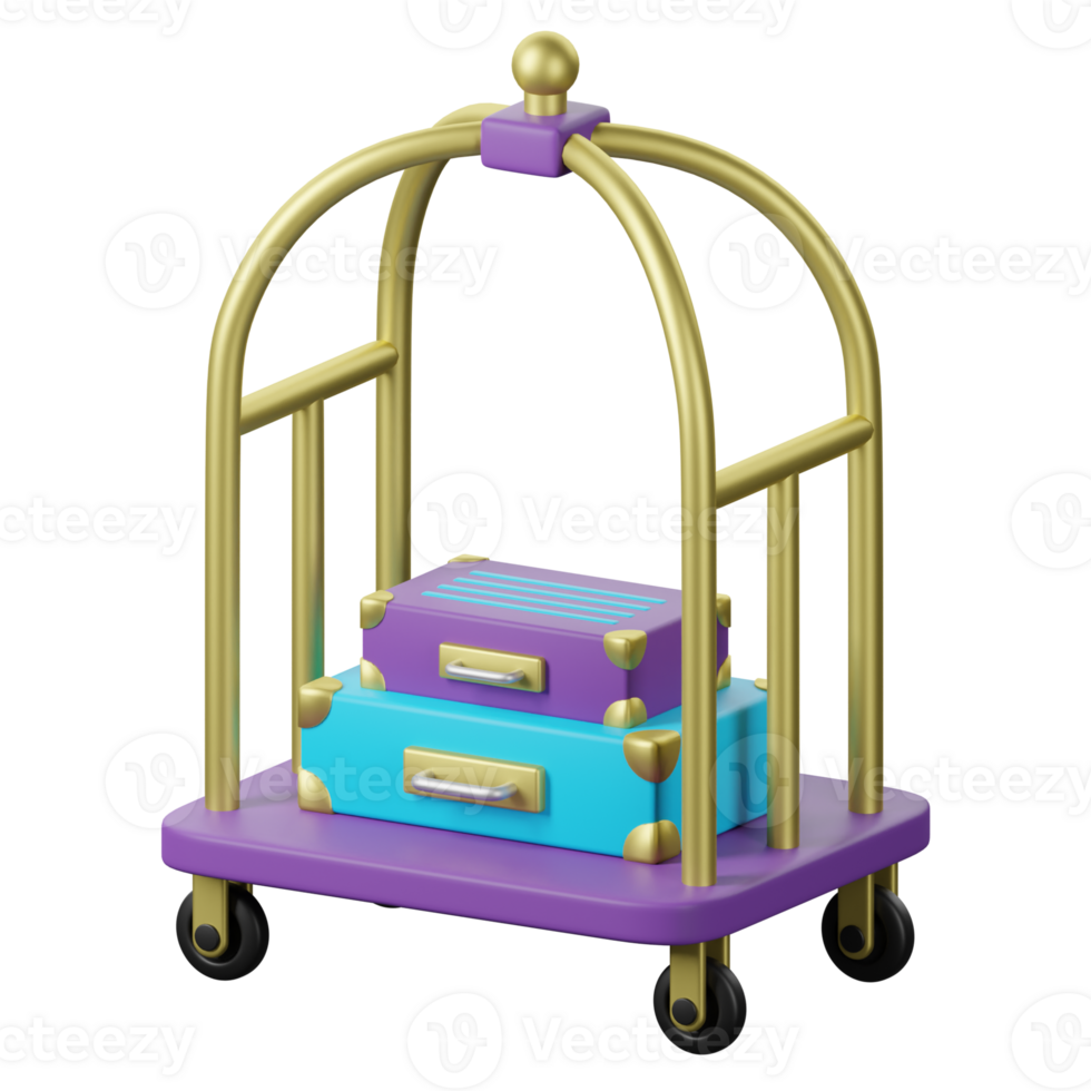 A purple and blue cart with a suitcase on it png