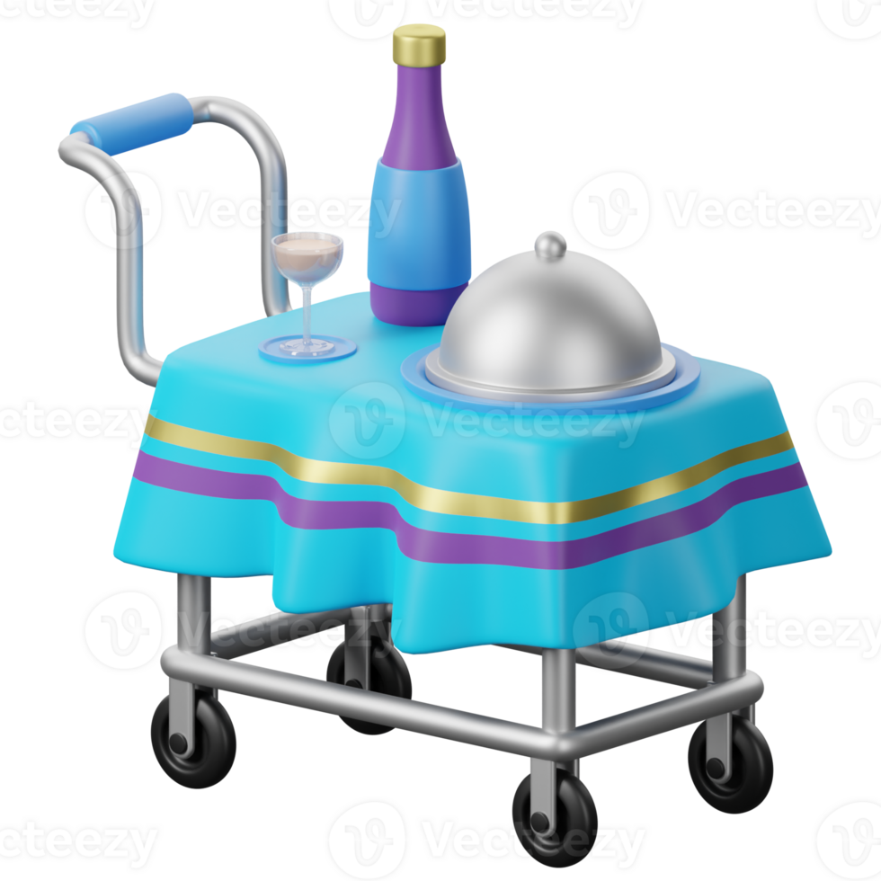 A blue cart with a table and a bottle of wine png