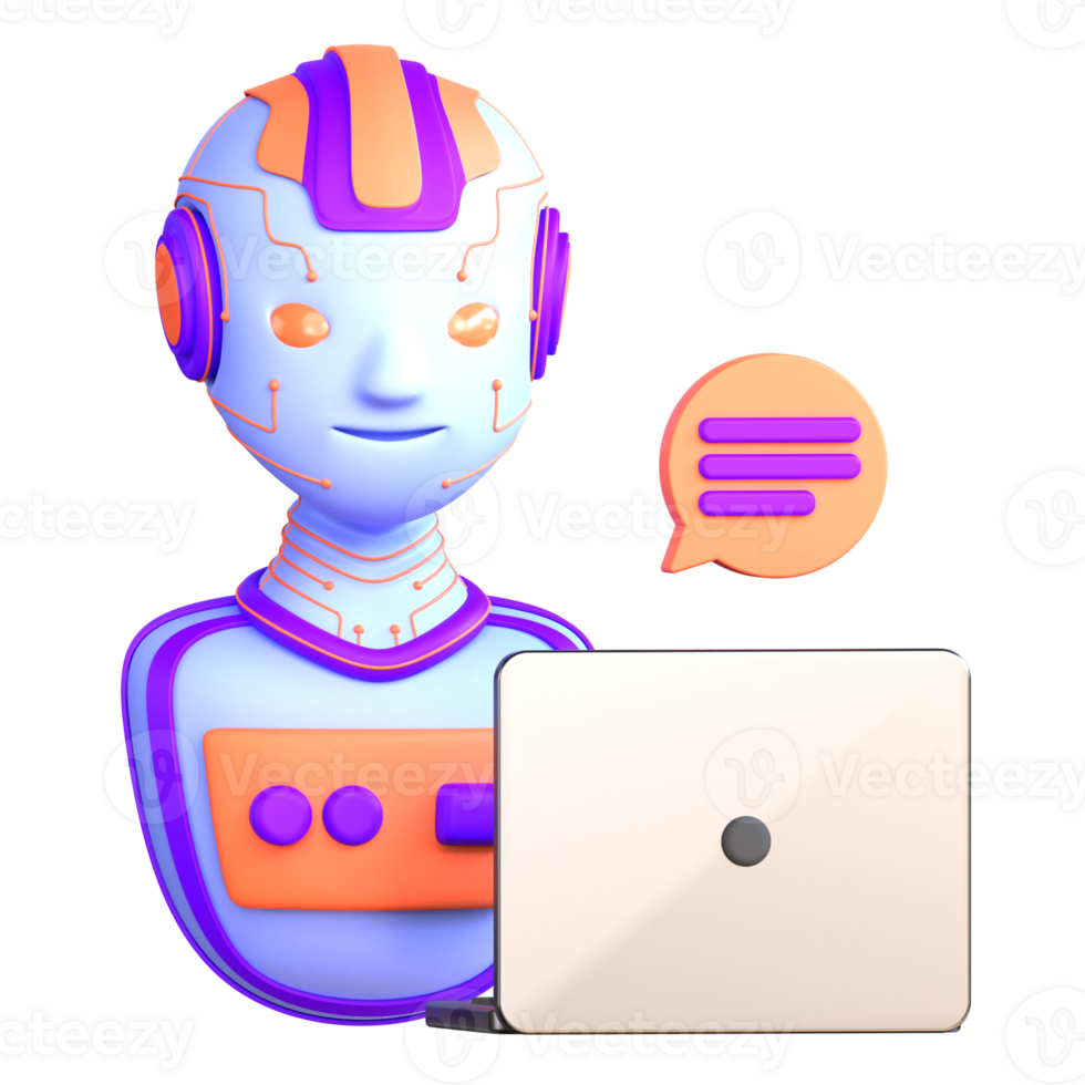 A robot with a laptop and speech bubbles png