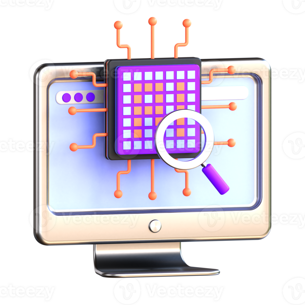 A computer monitor with a magnifying glass over it png