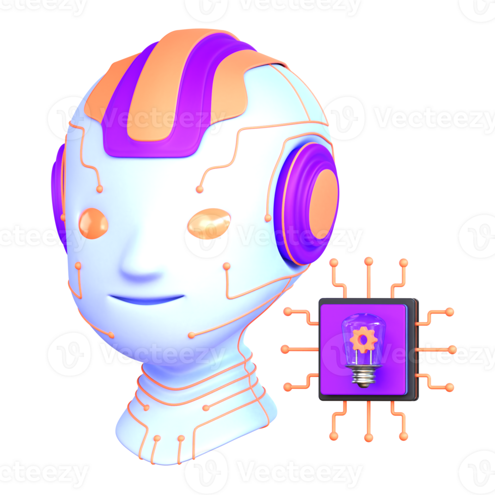 A robot head with a light bulb and a circuit board png