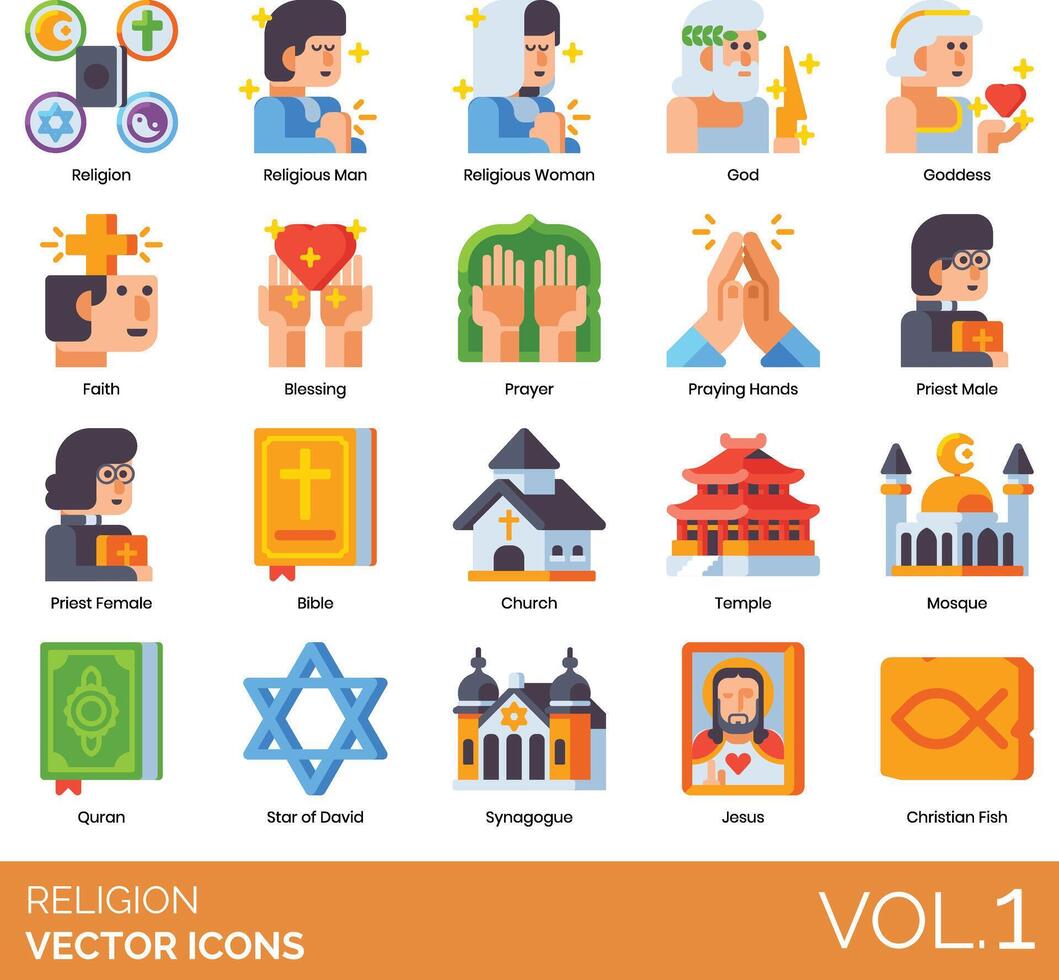 Religion icons set, volume 1, flat style illustration vector