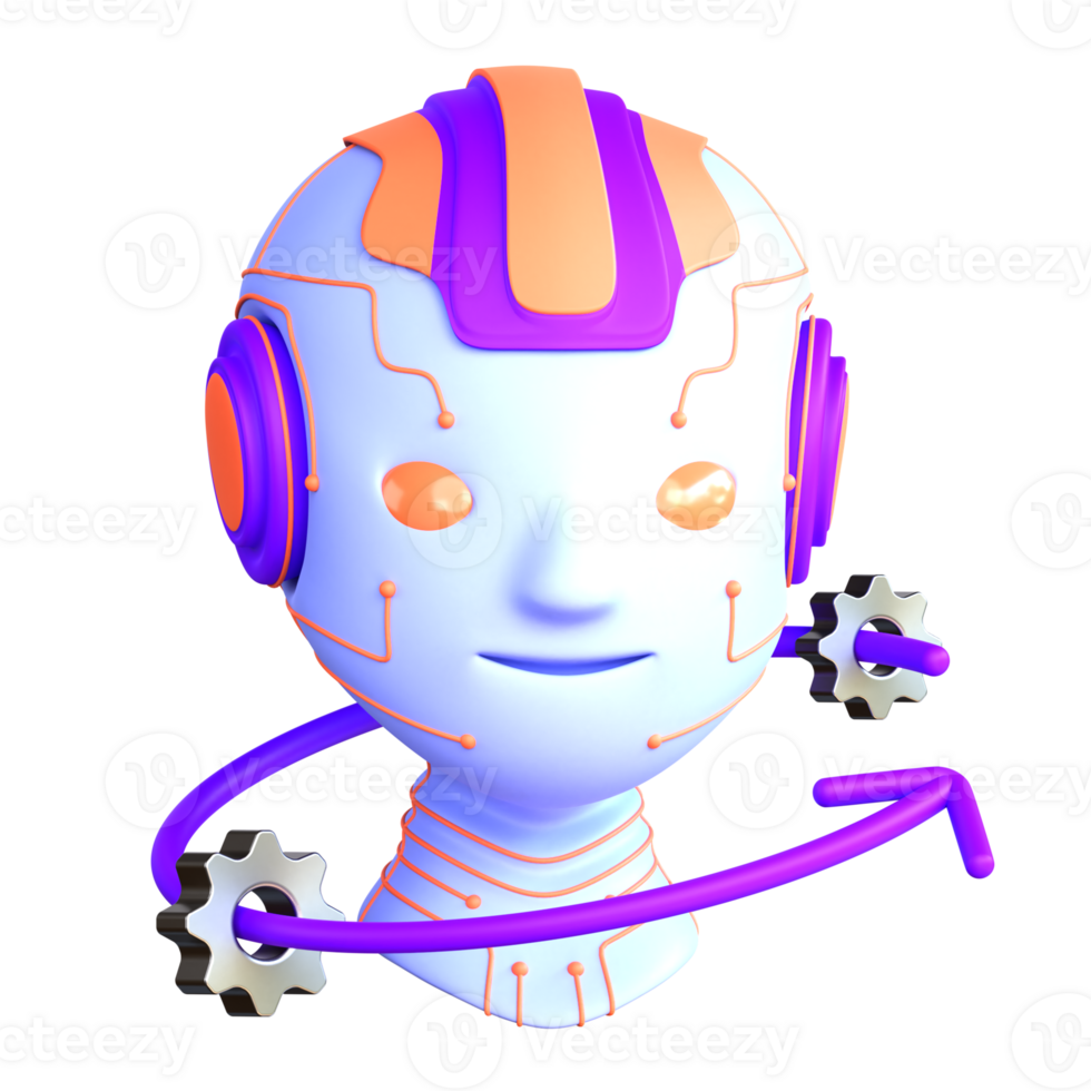A robot head with purple and orange gear wheels png