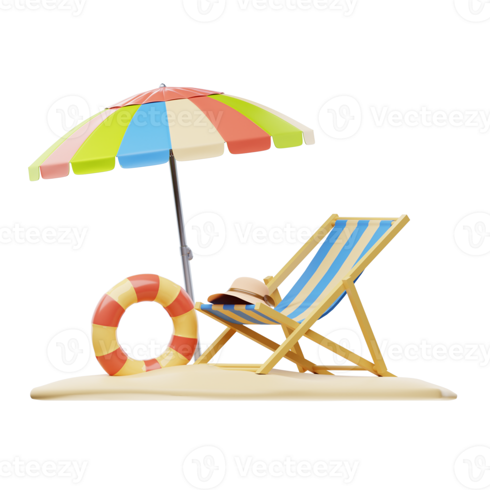 Beach chair, umbrella and life preserver on the sand png