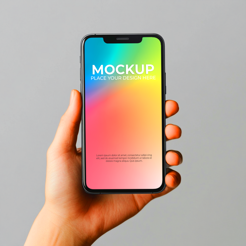 Phone Mockup Hand Holding Smartphone with Vibrant Gradient Display psd